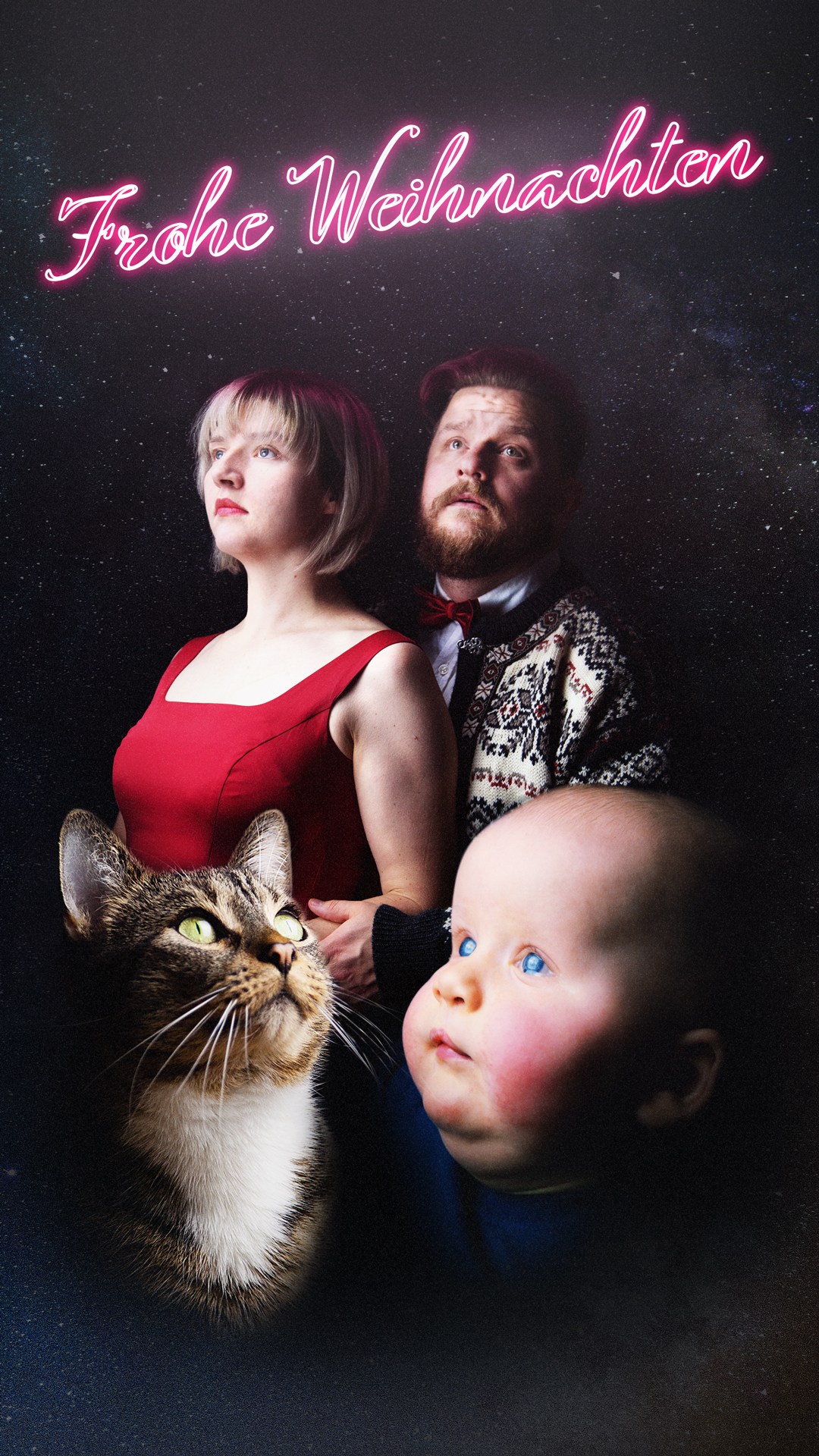 Persönliche Weihnachtskarte: eine Familie mit ihrer Katze vor einem dunklen Sternenhintergrund und dem Gruß Frohe Weihnachten.
