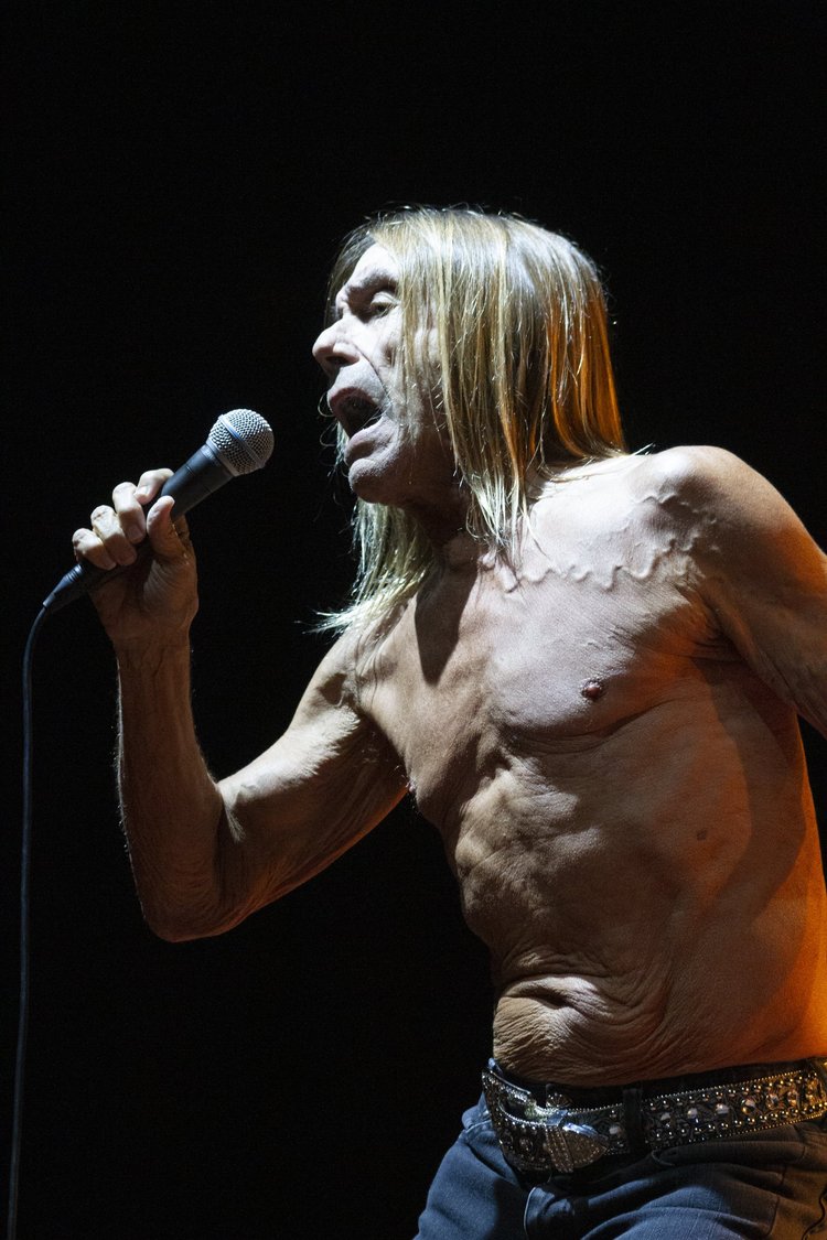 Ein Mann mit langen blonden Haaren und freiem Oberkörper singt am Mikrofon auf einer dunklen Bühne.